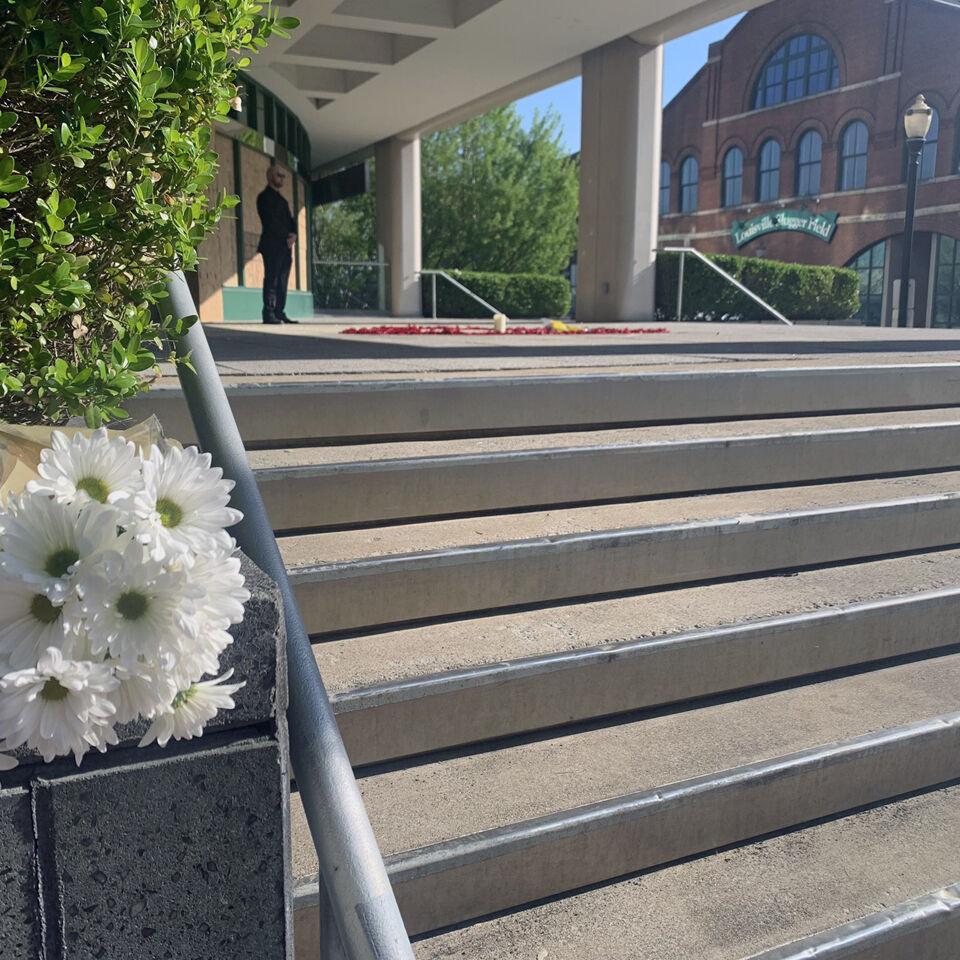 Memorial at Old National Bank building in downtown Louisville after April 10, 2023 mass shooting